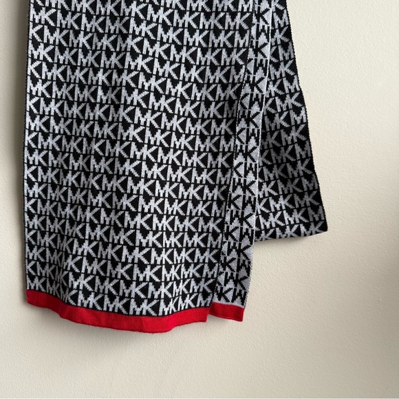 Michael Kors Black and Gray Patterned Scarf with Red Trim - Picture 3 of 4